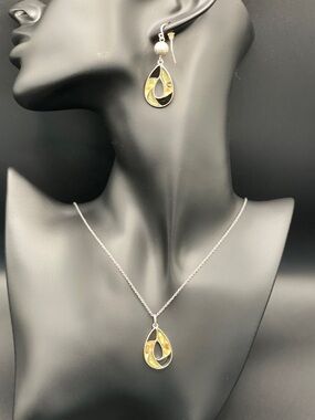 Modernist Multi-tone Teardrop Pendant Necklace and Earrings Set Vintage NOS